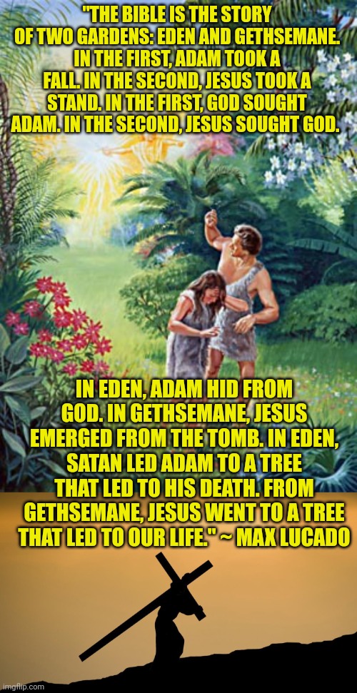 "THE BIBLE IS THE STORY OF TWO GARDENS: EDEN AND GETHSEMANE. IN THE FIRST, ADAM TOOK A FALL. IN THE SECOND, JESUS TOOK A STAND. IN THE FIRST, GOD SOUGHT ADAM. IN THE SECOND, JESUS SOUGHT GOD. IN EDEN, ADAM HID FROM GOD. IN GETHSEMANE, JESUS EMERGED FROM THE TOMB. IN EDEN, SATAN LED ADAM TO A TREE THAT LED TO HIS DEATH. FROM GETHSEMANE, JESUS WENT TO A TREE THAT LED TO OUR LIFE." ~ MAX LUCADO | image tagged in garden of eden,jesus crossfit | made w/ Imgflip meme maker