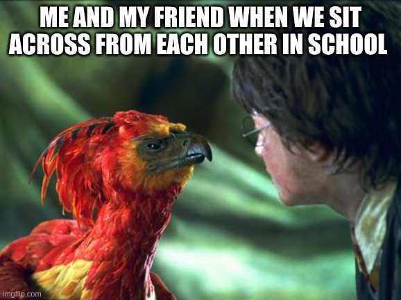 . | ME AND MY FRIEND WHEN WE SIT ACROSS FROM EACH OTHER IN SCHOOL | image tagged in phoenix harry potter,school,math,science,history,ela | made w/ Imgflip meme maker