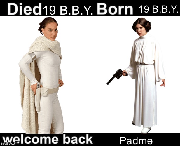 More Star Wars memes | 19 B.B.Y. 19 B.B.Y. Padme | image tagged in born died welcome back | made w/ Imgflip meme maker