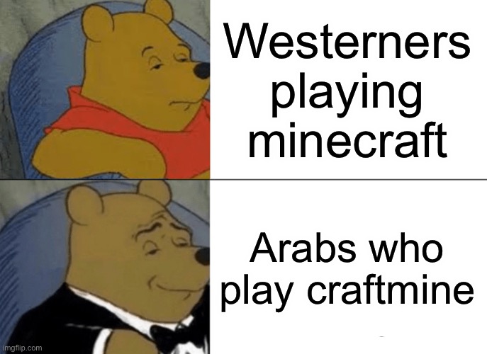 Tuxedo Winnie The Pooh | Westerners playing minecraft; Arabs who play craftmine | image tagged in memes,tuxedo winnie the pooh | made w/ Imgflip meme maker