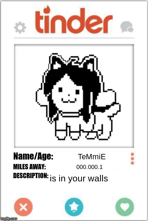 sacrifice to Tem | TeMmiE; 000.000.1; is in your walls | image tagged in tinder profile,temmie,undertale | made w/ Imgflip meme maker