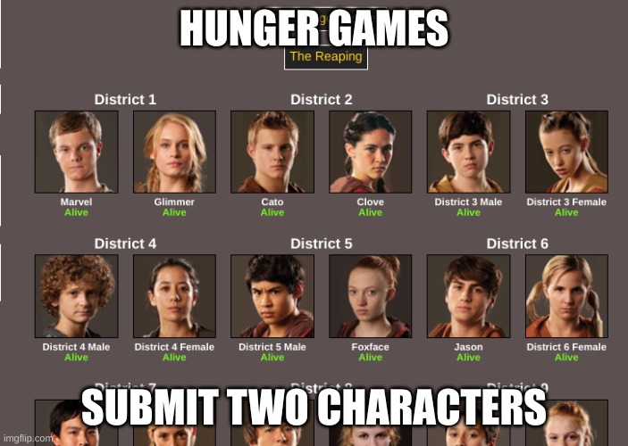 havent seen one of these in a while | HUNGER GAMES; SUBMIT TWO CHARACTERS | made w/ Imgflip meme maker
