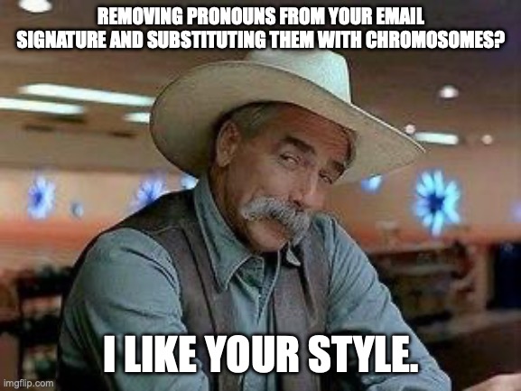 I like your style | REMOVING PRONOUNS FROM YOUR EMAIL SIGNATURE AND SUBSTITUTING THEM WITH CHROMOSOMES? I LIKE YOUR STYLE. | image tagged in i like your style | made w/ Imgflip meme maker