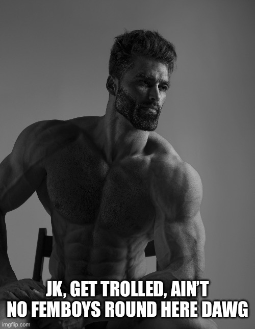 JK, GET TROLLED, AIN’T NO FEMBOYS ROUND HERE DAWG | image tagged in giga chad | made w/ Imgflip meme maker