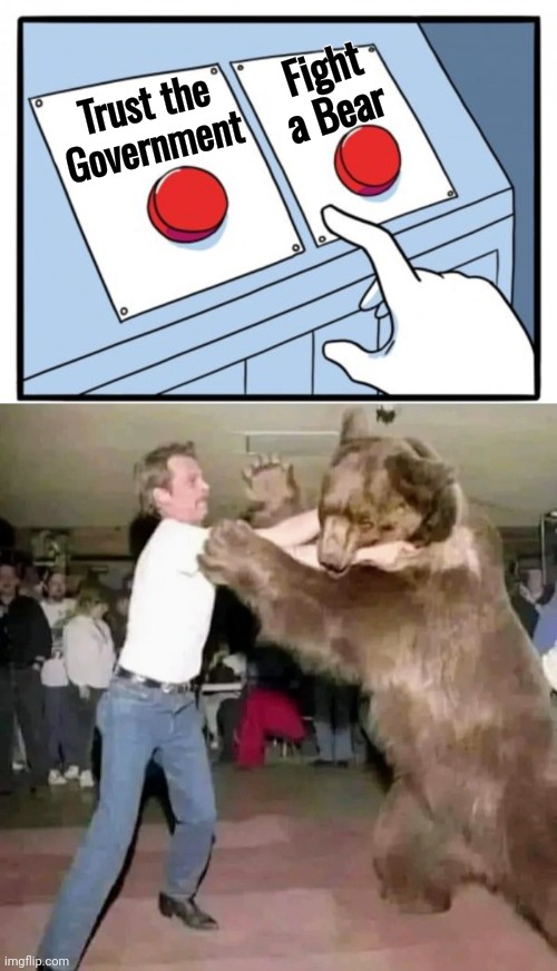 Tough Choice | Fight a Bear; Trust the Government | image tagged in memes,two buttons,government corruption,too damn high,thieves,politicians suck | made w/ Imgflip meme maker