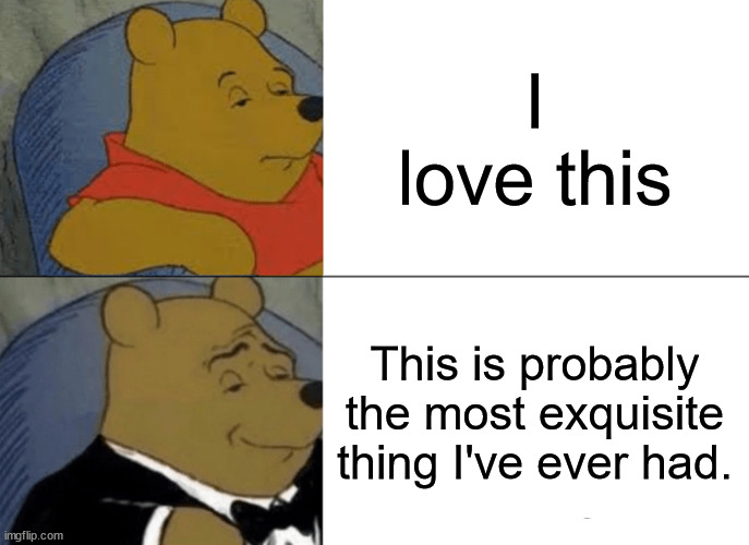 Tuxedo Winnie The Pooh | I love this; This is probably the most exquisite thing I've ever had. | image tagged in memes,tuxedo winnie the pooh | made w/ Imgflip meme maker