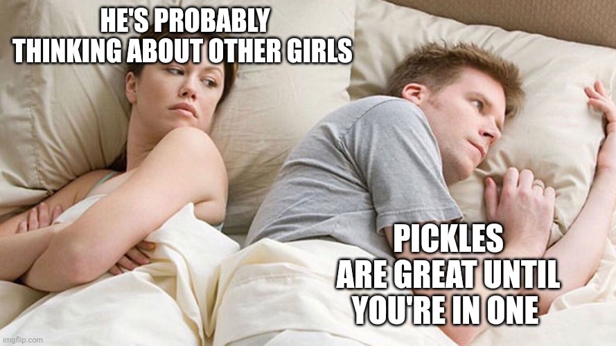 He's probably thinking about girls | HE'S PROBABLY THINKING ABOUT OTHER GIRLS; PICKLES ARE GREAT UNTIL YOU'RE IN ONE | image tagged in he's probably thinking about girls | made w/ Imgflip meme maker