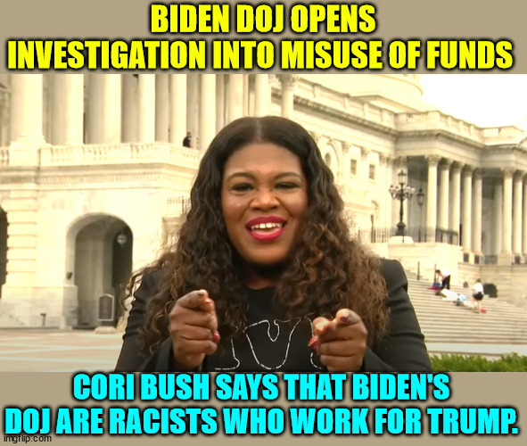 When all else fails... play the race card and mention Trump | BIDEN DOJ OPENS INVESTIGATION INTO MISUSE OF FUNDS; CORI BUSH SAYS THAT BIDEN'S DOJ ARE RACISTS WHO WORK FOR TRUMP. | image tagged in cori bush private security,race card,doj,investigation | made w/ Imgflip meme maker