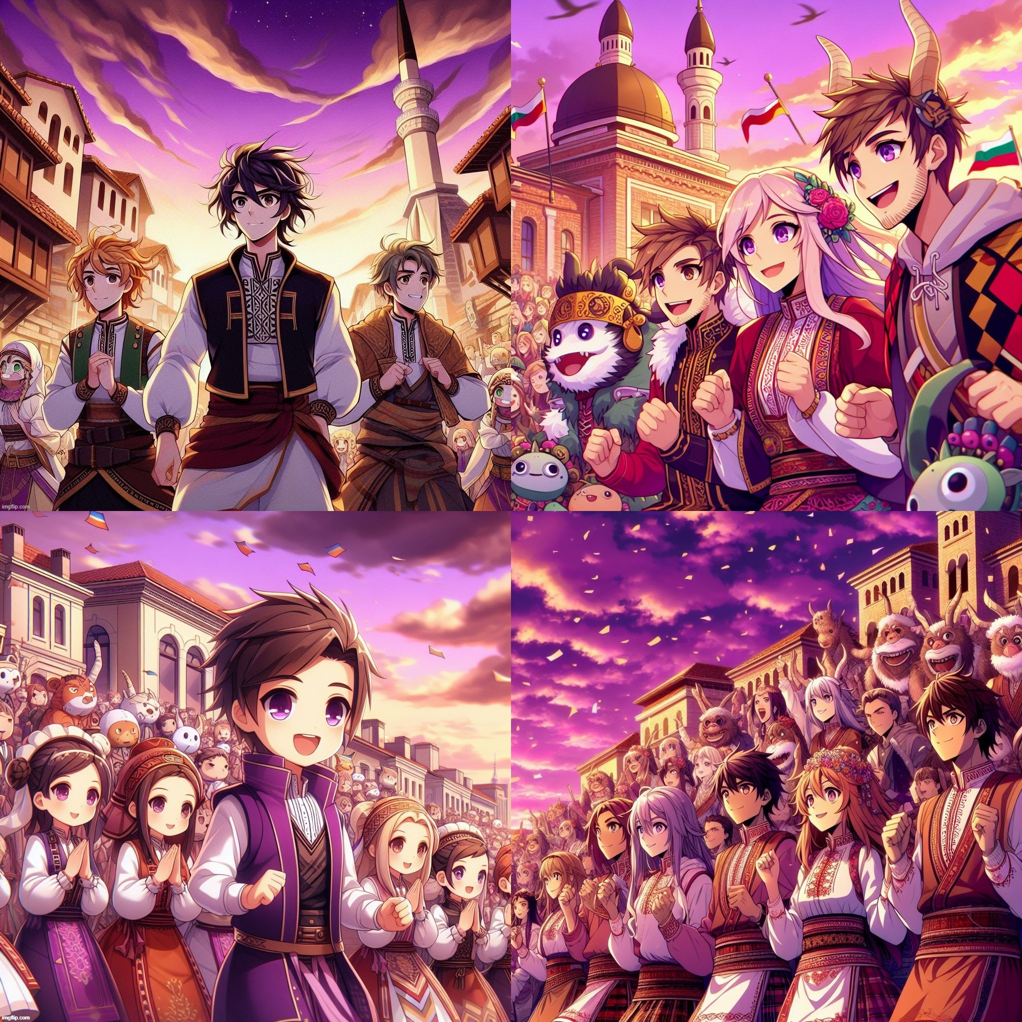 Ai Bing: Anime Vtubers in Bulgarian traditional dress,myths & architecture (ancient, medieval, etc) under purple sky. | image tagged in ai generated,anime,vtuber,parade,bulgaria,fashion | made w/ Imgflip meme maker