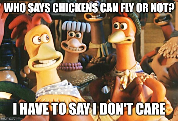 The question do chickens fly? | WHO SAYS CHICKENS CAN FLY OR NOT? I HAVE TO SAY I DON'T CARE | image tagged in chicken run | made w/ Imgflip meme maker