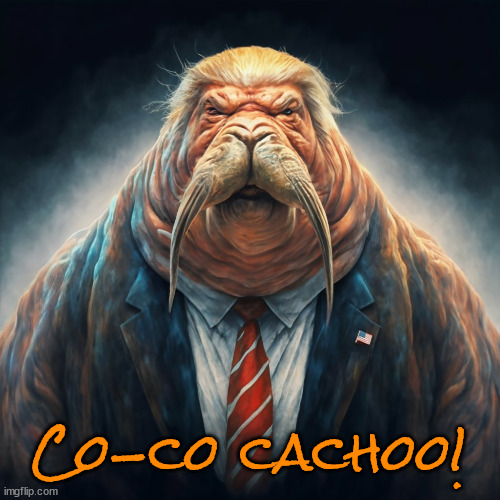 Trump the Walrus | Co-co cachoo! | image tagged in bull walrus,co-co-cachoo,maga,courtroom noises,87 million dollars,poor loser | made w/ Imgflip meme maker
