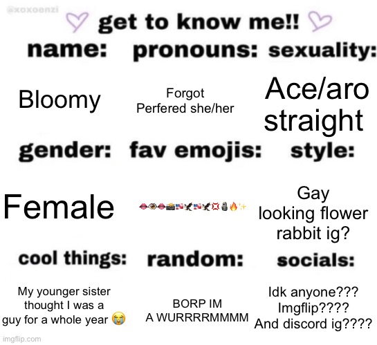 get to know me but better | Bloomy; Forgot 
Perfered she/her; Ace/aro straight; 👄👁️👄📸🇺🇸🦅🇺🇸🦅💢🗿🔥✨; Female; Gay looking flower rabbit ig? Idk anyone???
Imgflip????
And discord ig???? My younger sister thought I was a guy for a whole year 😭; BORP IM A WURRRRMMMM | image tagged in get to know me but better,no shitposts in,lgbtq stream,so ig ill,post here 4 now | made w/ Imgflip meme maker