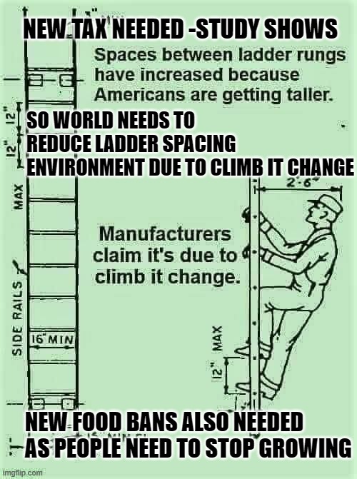 NEW TAX NEEDED -STUDY SHOWS; SO WORLD NEEDS TO REDUCE LADDER SPACING ENVIRONMENT DUE TO CLIMB IT CHANGE; NEW FOOD BANS ALSO NEEDED AS PEOPLE NEED TO STOP GROWING | made w/ Imgflip meme maker