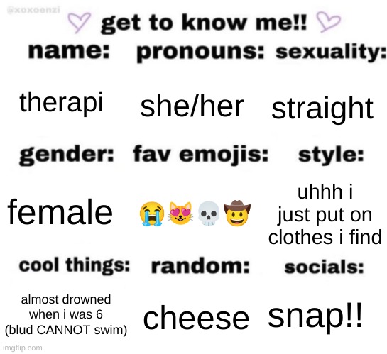 im so cool wow no way | therapi; she/her; straight; 😭😻💀🤠; uhhh i just put on clothes i find; female; snap!! cheese; almost drowned when i was 6 (blud CANNOT swim) | image tagged in get to know me but better | made w/ Imgflip meme maker