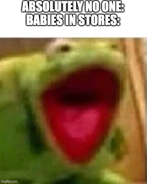 It's canon | ABSOLUTELY NO ONE:
BABIES IN STORES: | image tagged in ahhhhhhhhhhhhh,memes,lol,wtf,kermit the frog,the muppets | made w/ Imgflip meme maker