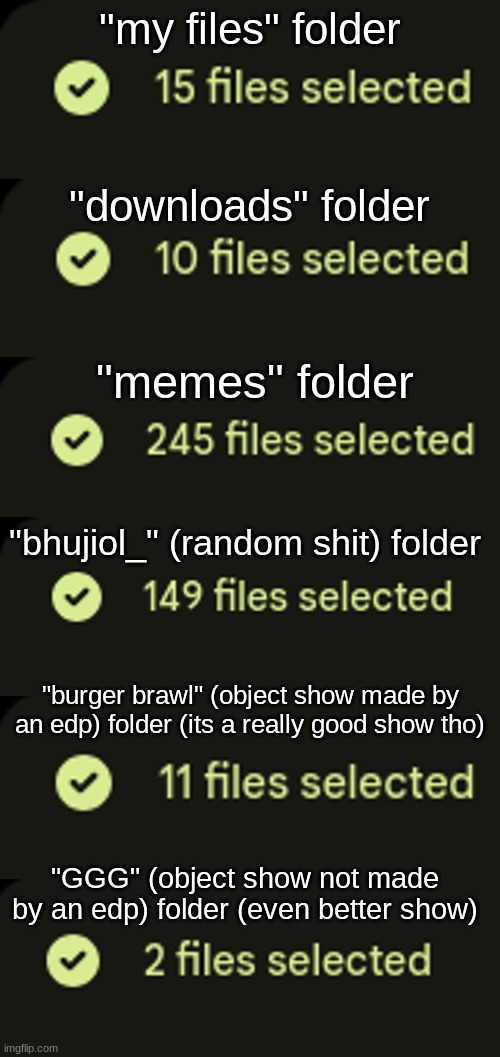 number of files reveal | "my files" folder; "downloads" folder; "memes" folder; "bhujiol_" (random shit) folder; "burger brawl" (object show made by an edp) folder (its a really good show tho); "GGG" (object show not made by an edp) folder (even better show) | made w/ Imgflip meme maker