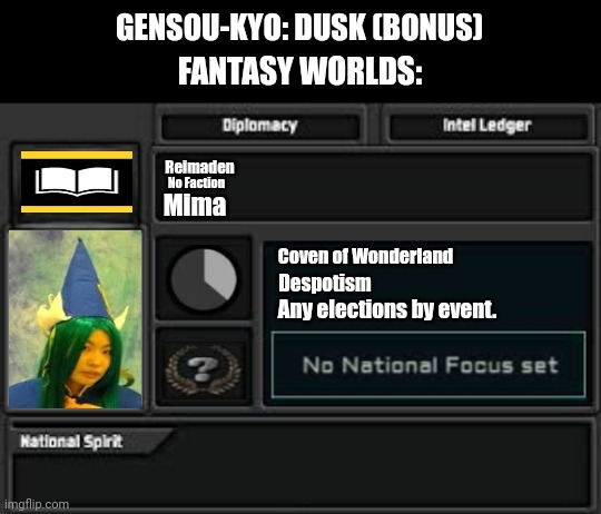 GENSOU-KYO: DUSK (BONUS); FANTASY WORLDS:; Reimaden; No Faction; Mima; Coven of Wonderland; Despotism; Any elections by event. | image tagged in memes,witch,damn | made w/ Imgflip meme maker