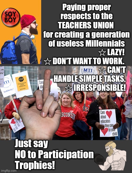 Just say NO to teachers unions | Just say NO to Participation Trophies! | image tagged in blank no watermark,millennials,teachers,soyboy vs yes chad | made w/ Imgflip meme maker