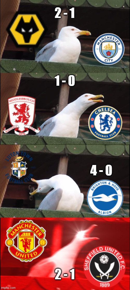 Football fixtures but they get more and more unexpected | 2 - 1; 1 - 0; 4 - 0; 2 - 1 | image tagged in memes,inhaling seagull | made w/ Imgflip meme maker