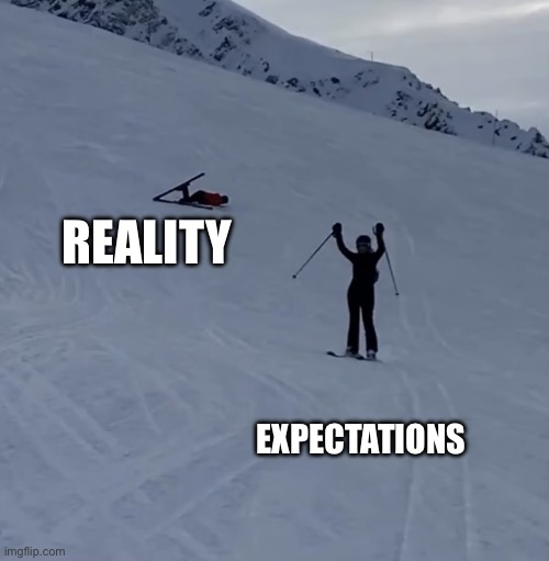 Relatable | REALITY; EXPECTATIONS | image tagged in ski fail and success | made w/ Imgflip meme maker