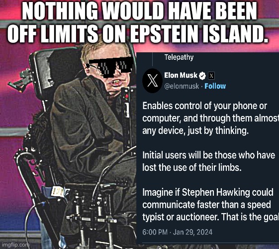 Stephen Hawking | NOTHING WOULD HAVE BEEN OFF LIMITS ON EPSTEIN ISLAND. | image tagged in stephen hawking | made w/ Imgflip meme maker