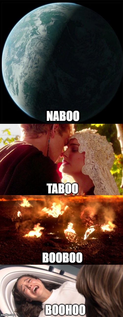 What if we could tell the story of star wars by rhyming one word? | NABOO; TABOO; BOOBOO; BOOHOO | image tagged in anakin burning,star wars padme losing the will to live over tfa,rhyme,star wars saga,naboo | made w/ Imgflip meme maker