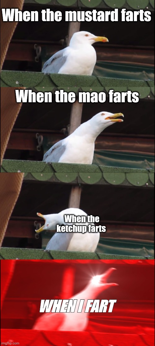 Silent but deadly | When the mustard farts; When the mao farts; When the ketchup farts; WHEN I FART | image tagged in inhaling seagull | made w/ Imgflip meme maker