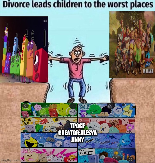Nb and BoBoiBoy cast let me to watch tpogf | TPOGF
CREATOR:ALESYA JINNY | image tagged in divorce leads children to the worst places | made w/ Imgflip meme maker