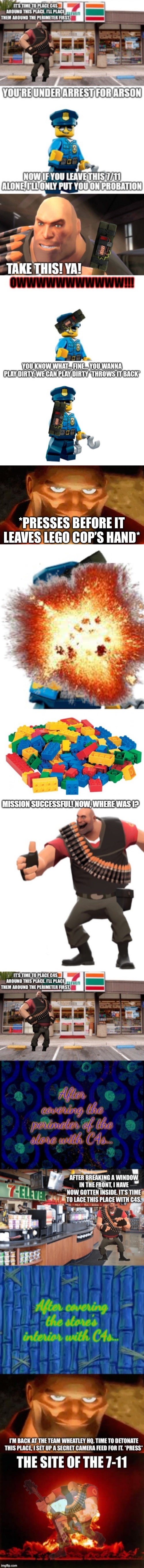 I might have made a stupid move, but Lego Cop is stupid to think it left his hand that early | *PRESSES BEFORE IT LEAVES LEGO COP’S HAND* | image tagged in creepy smile heavy tf2 | made w/ Imgflip meme maker