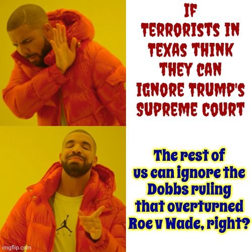 Trump And Maga Terrorists Are Undermining Our Laws AND Our Supreme Court.  That Strategy Comes Straight Out Of Hitler's Playbook | If Terrorists in Texas think they can ignore Trump's Supreme Court; The rest of us can ignore the
Dobbs ruling that overturned
Roe v Wade, right? | image tagged in memes,drake hotline bling,trump unfit unqualified dangerous,lock him up,scumbag trump,scumbag maga | made w/ Imgflip meme maker