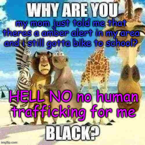 why are you black? | my mom just told me that theres a amber alert in my area and i still gotta bike to school? HELL NO no human trafficking for me | image tagged in why are you black | made w/ Imgflip meme maker