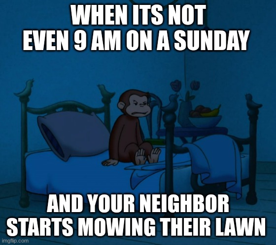 its so annoying | WHEN ITS NOT EVEN 9 AM ON A SUNDAY; AND YOUR NEIGHBOR STARTS MOWING THEIR LAWN | image tagged in angry george in bed | made w/ Imgflip meme maker