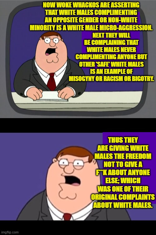 Leftists excel at creating circular logic ideology . . . without the logic part. | NOW WOKE WHACKOS ARE ASSERTING THAT WHITE MALES COMPLIMENTING AN OPPOSITE GENDER OR NON-WHITE MINORITY IS A WHITE MALE MICRO-AGGRESSION. NEXT THEY WILL BE COMPLAINING THAT WHITE MALES NEVER COMPLIMENTING ANYONE BUT OTHER 'SAFE' WHITE MALES IS AN EXAMPLE OF MISOGYNY OR RACISM OR BIGOTRY. THUS THEY ARE GIVING WHITE MALES THE FREEDOM NOT TO GIVE A F**K ABOUT ANYONE ELSE; WHICH WAS ONE OF THEIR ORIGINAL COMPLAINTS ABOUT WHITE MALES. | image tagged in peter griffin news | made w/ Imgflip meme maker