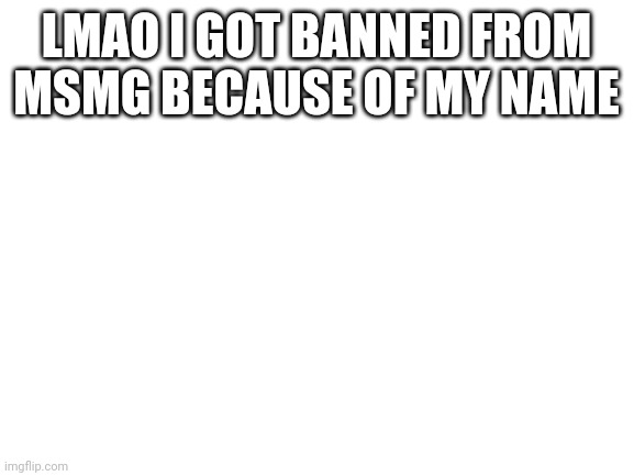Blank White Template | LMAO I GOT BANNED FROM MSMG BECAUSE OF MY NAME | image tagged in blank white template | made w/ Imgflip meme maker