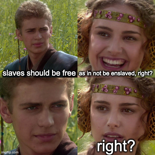 Anakin Padme 4 Panel | slaves should be free; as in not be enslaved, right? right? | image tagged in anakin padme 4 panel | made w/ Imgflip meme maker