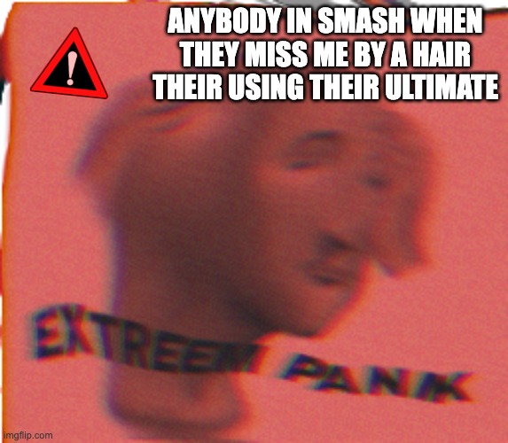Extreem Panik | ANYBODY IN SMASH WHEN THEY MISS ME BY A HAIR THEIR USING THEIR ULTIMATE | image tagged in extreem panik | made w/ Imgflip meme maker