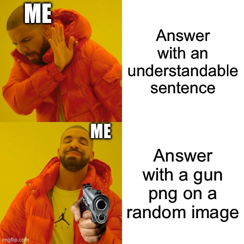 Drake Hotline Bling | ME; Answer with an understandable sentence; ME; Answer with a gun png on a random image | image tagged in memes,drake hotline bling | made w/ Imgflip meme maker