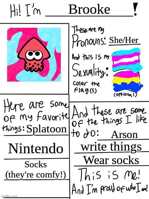 About me | Brooke; She/Her; Splatoon; Arson; Nintendo; write things; Wear socks; Socks (they're comfy!) | image tagged in lgbtq stream account profile,lgbtq | made w/ Imgflip meme maker