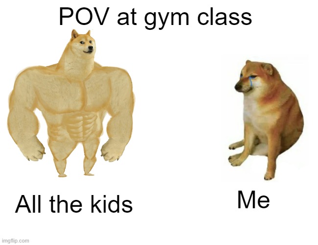Gym class be like: | POV at gym class; Me; All the kids | image tagged in memes,buff doge vs cheems | made w/ Imgflip meme maker