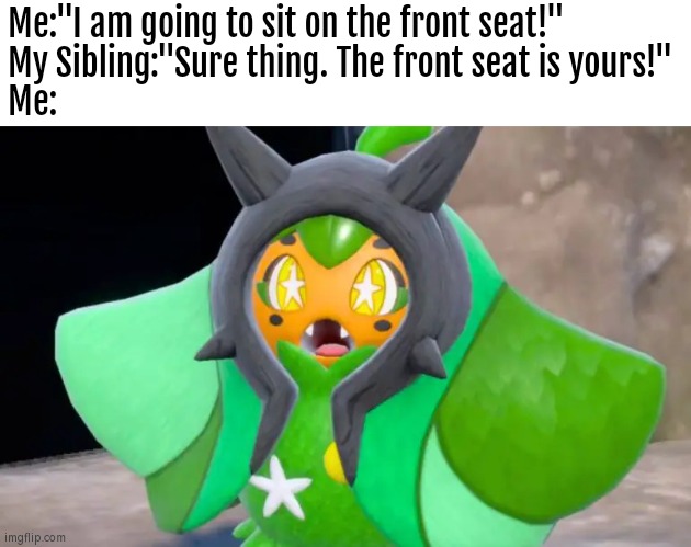 Hold up! Instead we fighting over the front seat, my sibling give me a front seat? | Me:"I am going to sit on the front seat!"
My Sibling:"Sure thing. The front seat is yours!"
Me: | image tagged in suprised ogerpon,memes,funny,sibling,front seat | made w/ Imgflip meme maker