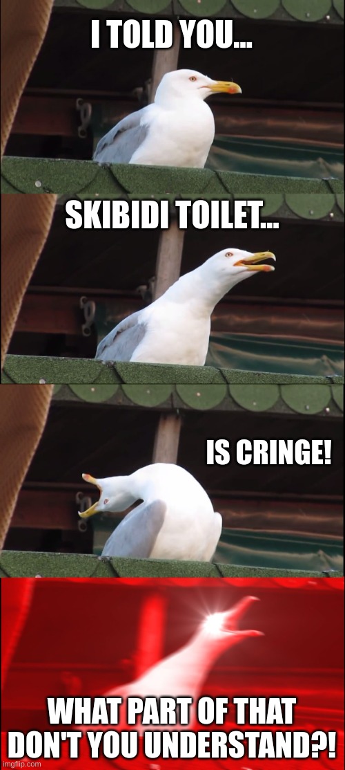Inhaling Seagull Meme | I TOLD YOU... SKIBIDI TOILET... IS CRINGE! WHAT PART OF THAT DON'T YOU UNDERSTAND?! | image tagged in memes,inhaling seagull | made w/ Imgflip meme maker