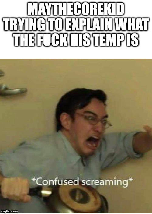 confused screaming | MAYTHECOREKID TRYING TO EXPLAIN WHAT THE FUCK HIS TEMP IS | image tagged in confused screaming | made w/ Imgflip meme maker