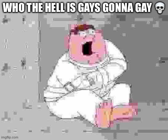 :Saturn: | WHO THE HELL IS GAYS GONNA GAY 💀 | image tagged in peter insane low quality | made w/ Imgflip meme maker