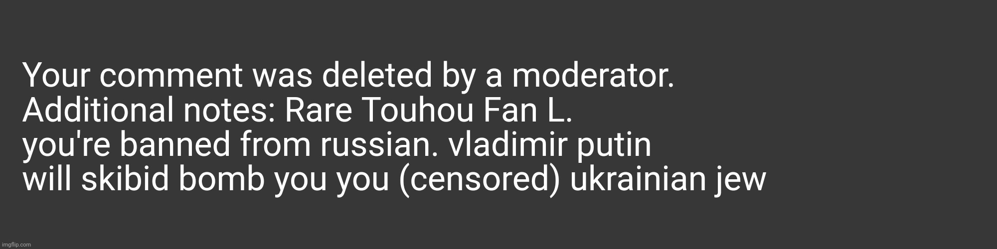 Why TCK Why | Your comment was deleted by a moderator. Additional notes: Rare Touhou Fan L. you're banned from russian. vladimir putin will skibid bomb you you (censored) ukrainian jew | made w/ Imgflip meme maker
