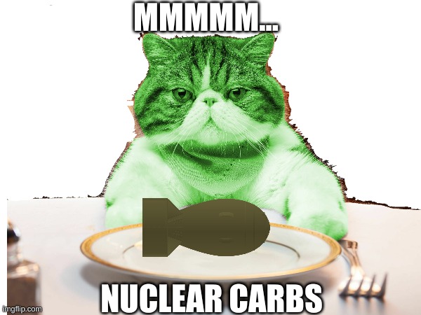 yum yu- *explodes* | MMMMM... NUCLEAR CARBS | image tagged in cats | made w/ Imgflip meme maker