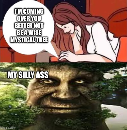 Tree | I’M COMING OVER YOU BETTER NOT BE A WISE MYSTICAL TREE; MY SILLY ASS | image tagged in boy and girl texting,tree | made w/ Imgflip meme maker
