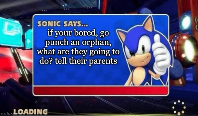Sonic Says | if your bored, go punch an orphan, what are they going to do? tell their parents | image tagged in sonic says | made w/ Imgflip meme maker