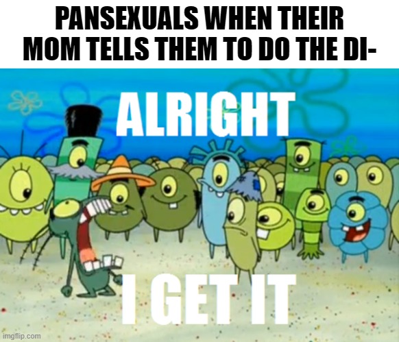 Shut | PANSEXUALS WHEN THEIR MOM TELLS THEM TO DO THE DI- | image tagged in alright i get it,pansexual,dishes,memes | made w/ Imgflip meme maker