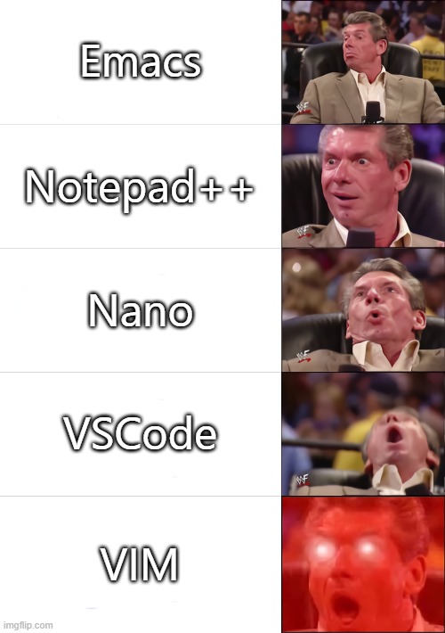 Editors Ranked | Emacs; Notepad++; Nano; VSCode; VIM | image tagged in vince mcmahon 5 tier | made w/ Imgflip meme maker