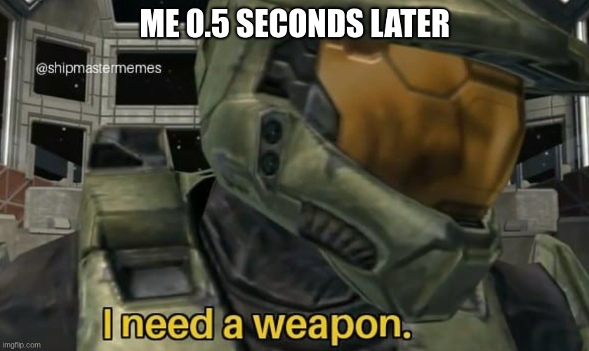 I need a weapon | ME 0.5 SECONDS LATER | image tagged in i need a weapon | made w/ Imgflip meme maker